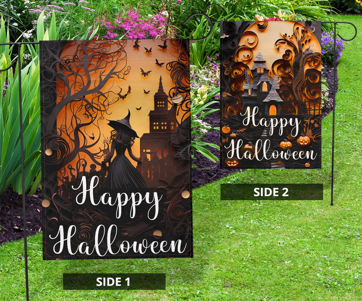 Haunted House Halloween Witch Flag-MoonChildWorld