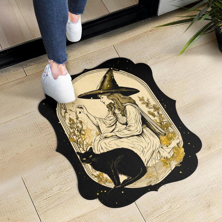 Halloween Witch & Black cat Door Mat-MoonChildWorld