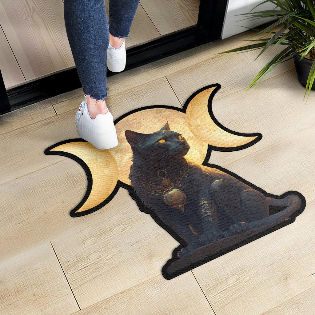 Wicca Triple Moon Black Cat Door Mat-MoonChildWorld