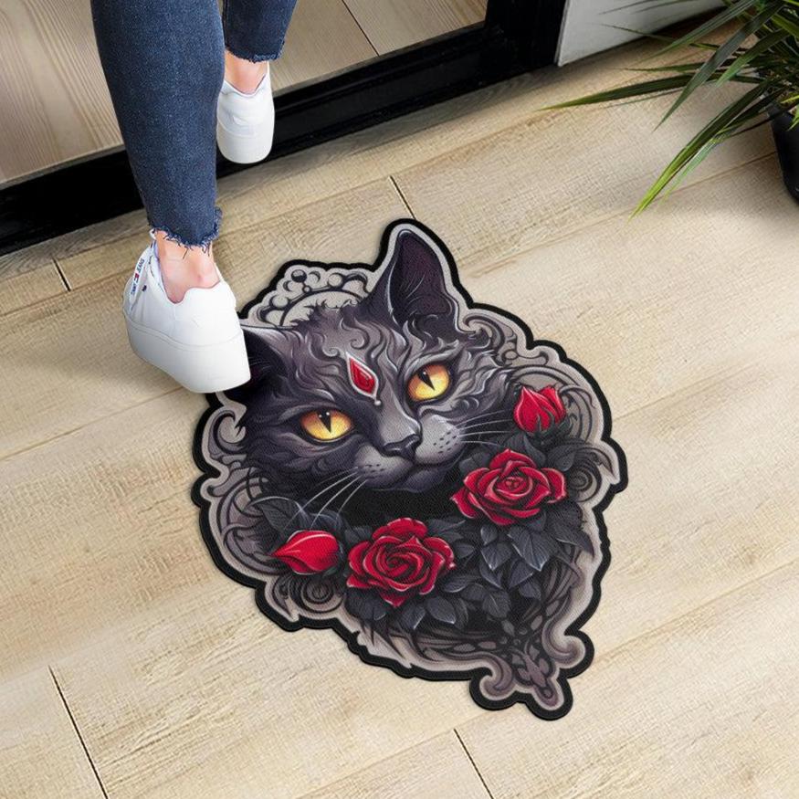 Black Cat Door Mat Gothic Cat Doormat-MoonChildWorld