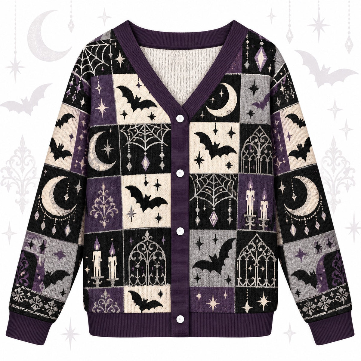 Full Moon Bats Gothic Window Halloween Cardigan for Women Purple, front view