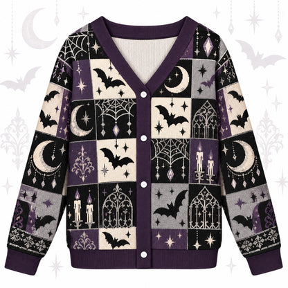 Full Moon Bats Gothic Window Halloween Cardigan for Women Purple, front view