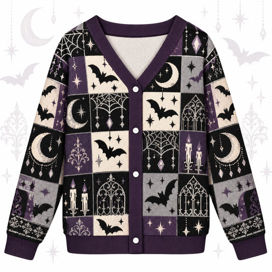 Full Moon Bats Gothic Window Halloween Cardigan for Women Purple, front view