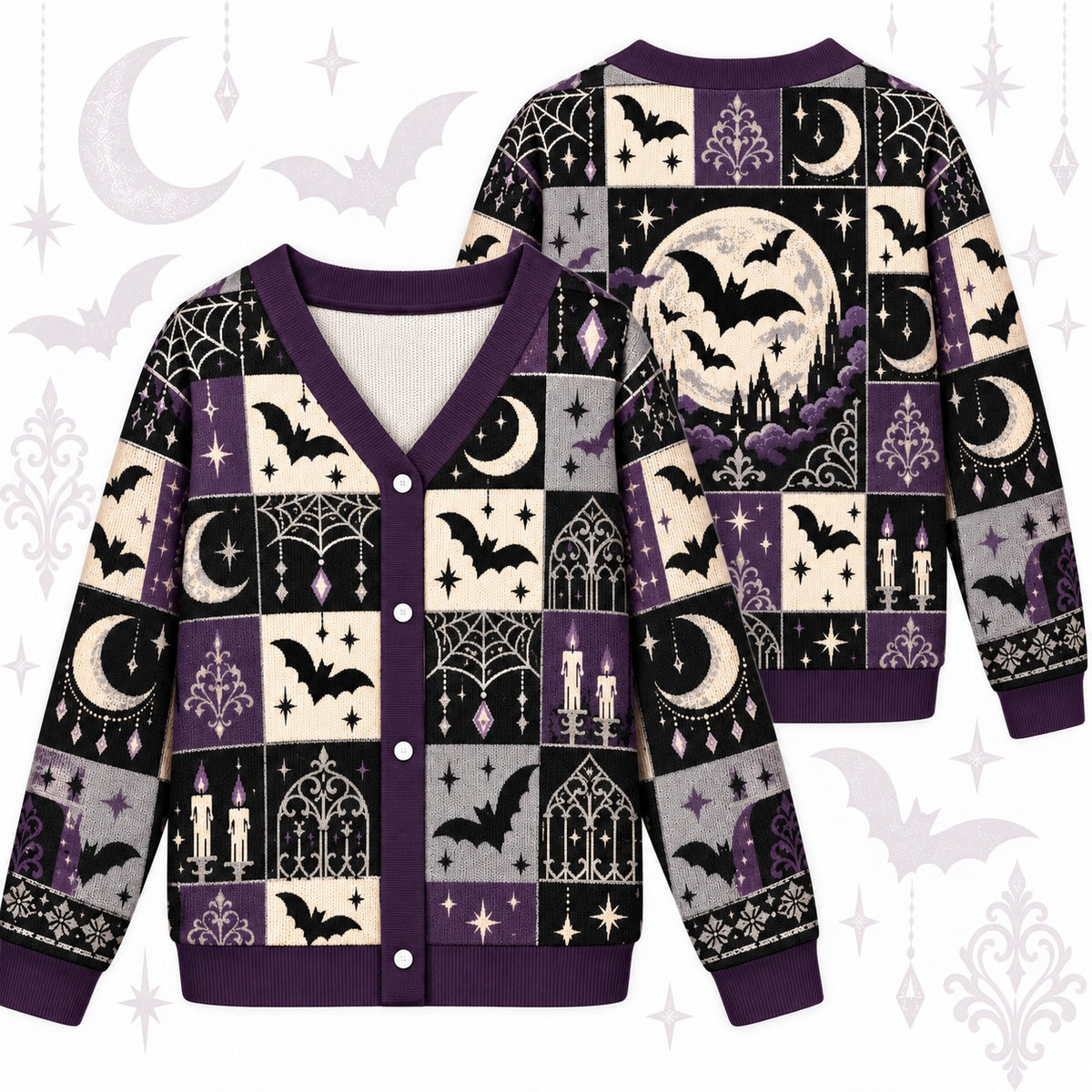 Full Moon Bats Gothic Window Halloween Cardigan for Women Purple, front and back shown together