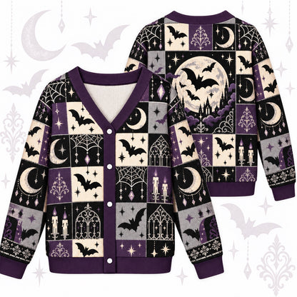 Full Moon Bats Gothic Window Halloween Cardigan for Women Purple, front and back shown together