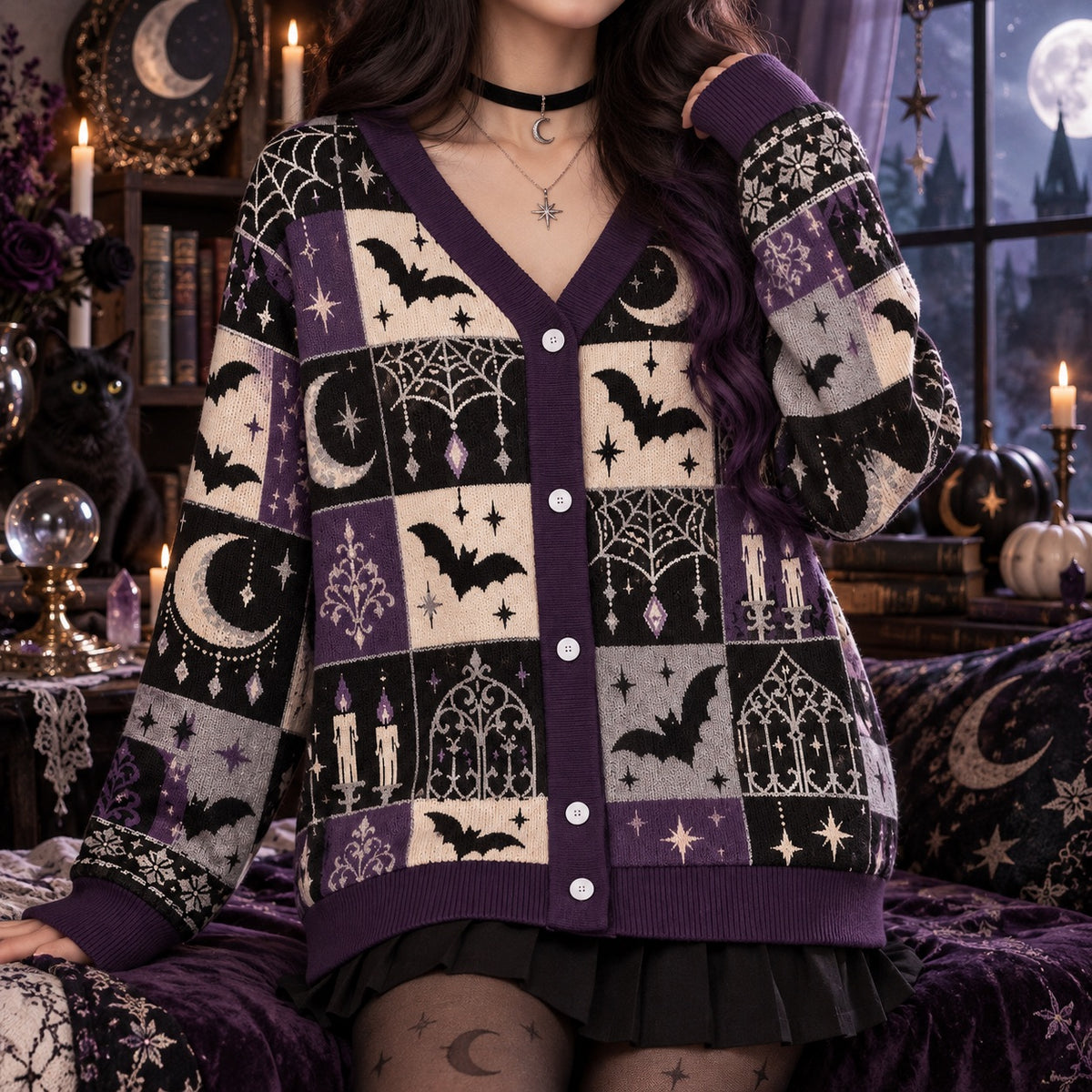 Full Moon Bats Gothic Window Halloween Cardigan for Women Purple, worn, front view