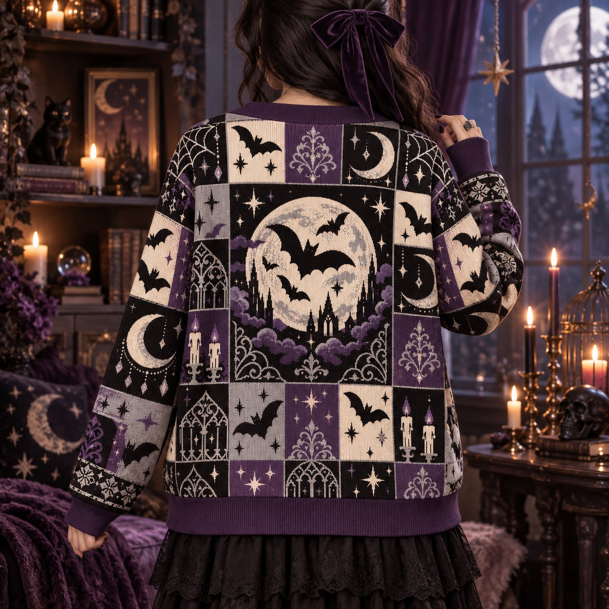 Full Moon Bats Gothic Window Halloween Cardigan for Women Purple, worn, back view