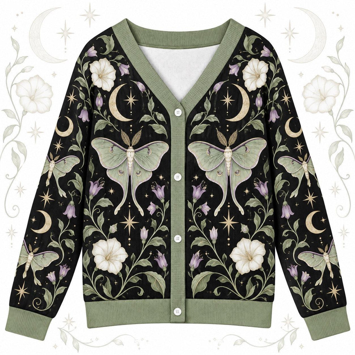 Full Moon Moonflower Luna Moth Cardigan for Women Sage Green Celestial, front view