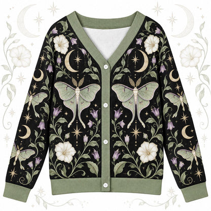 Full Moon Moonflower Luna Moth Cardigan for Women Sage Green Celestial, front view