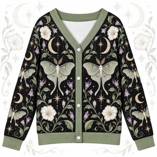 Full Moon Moonflower Luna Moth Cardigan for Women Sage Green Celestial, front view