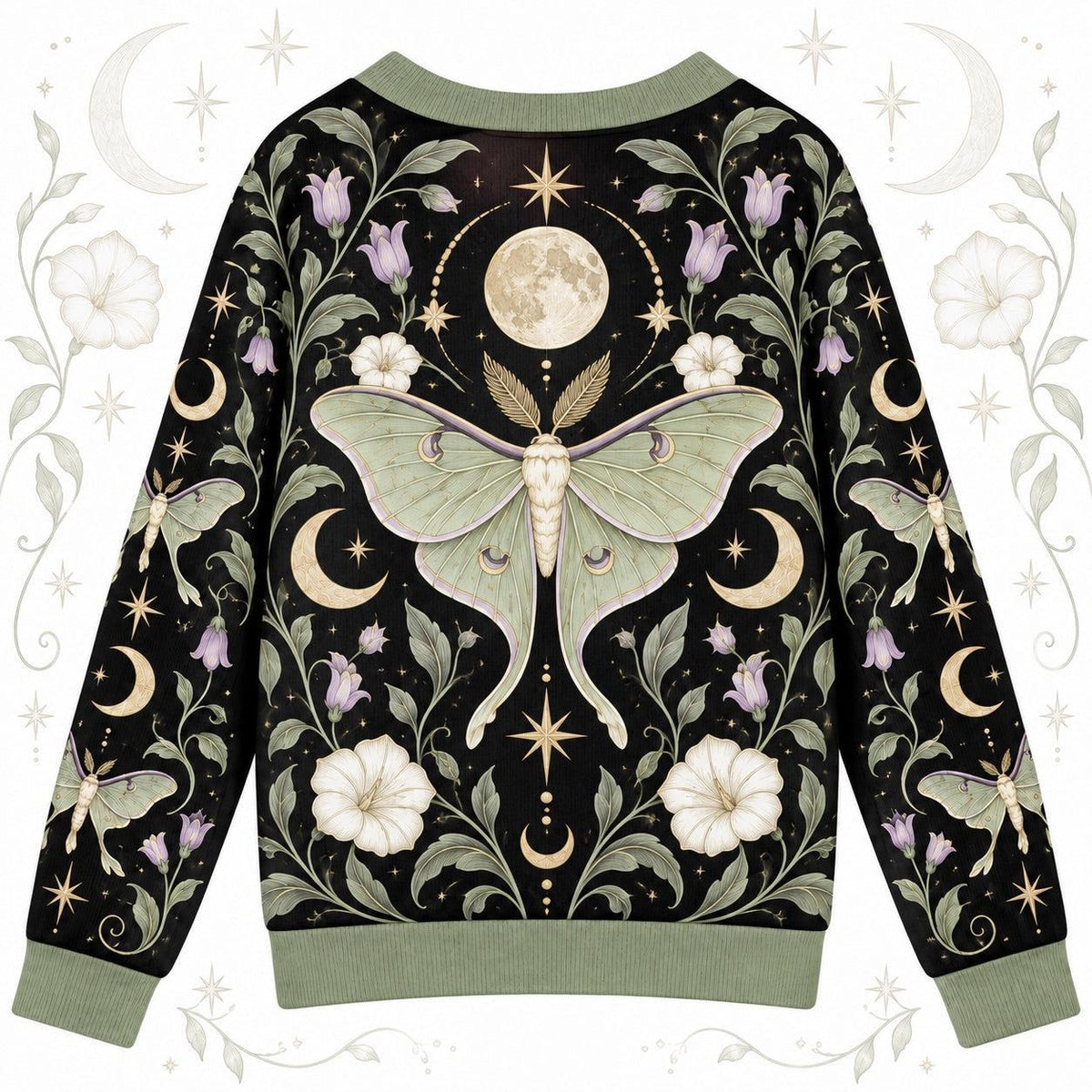 Full Moon Moonflower Luna Moth Cardigan for Women Sage Green Celestial, back view