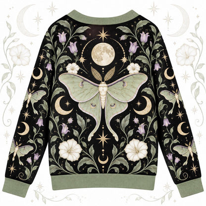 Full Moon Moonflower Luna Moth Cardigan for Women Sage Green Celestial, back view