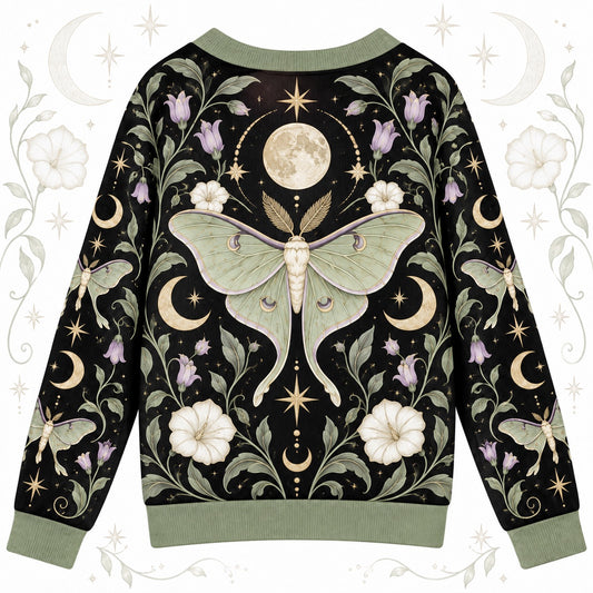 Full Moon Moonflower Luna Moth Cardigan for Women Sage Green Celestial, back view