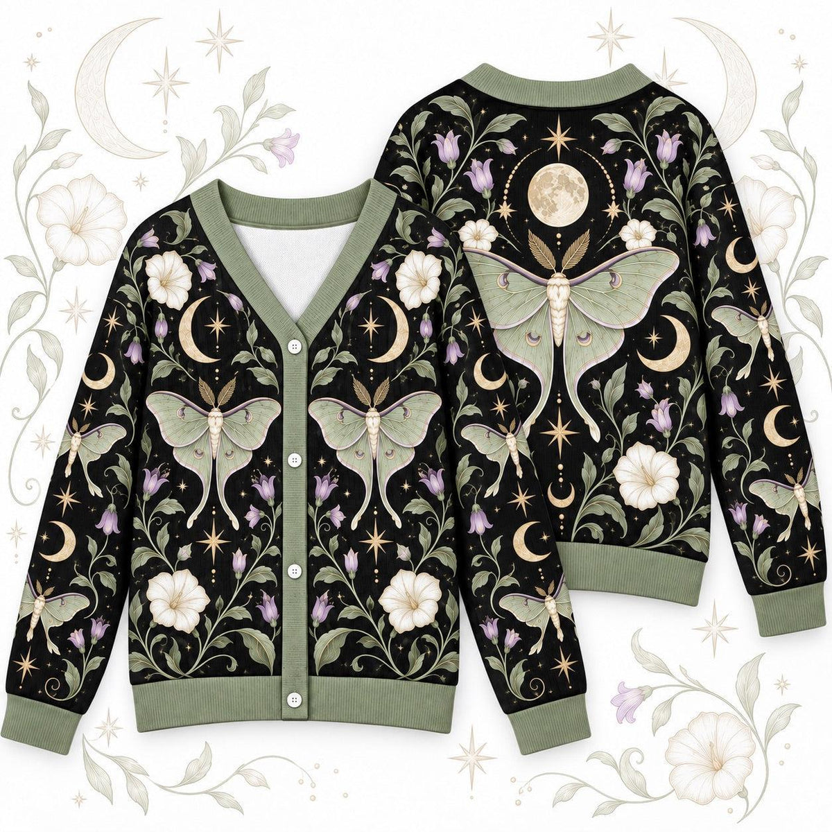 Full Moon Moonflower Luna Moth Cardigan for Women Sage Green Celestial, front and back shown together