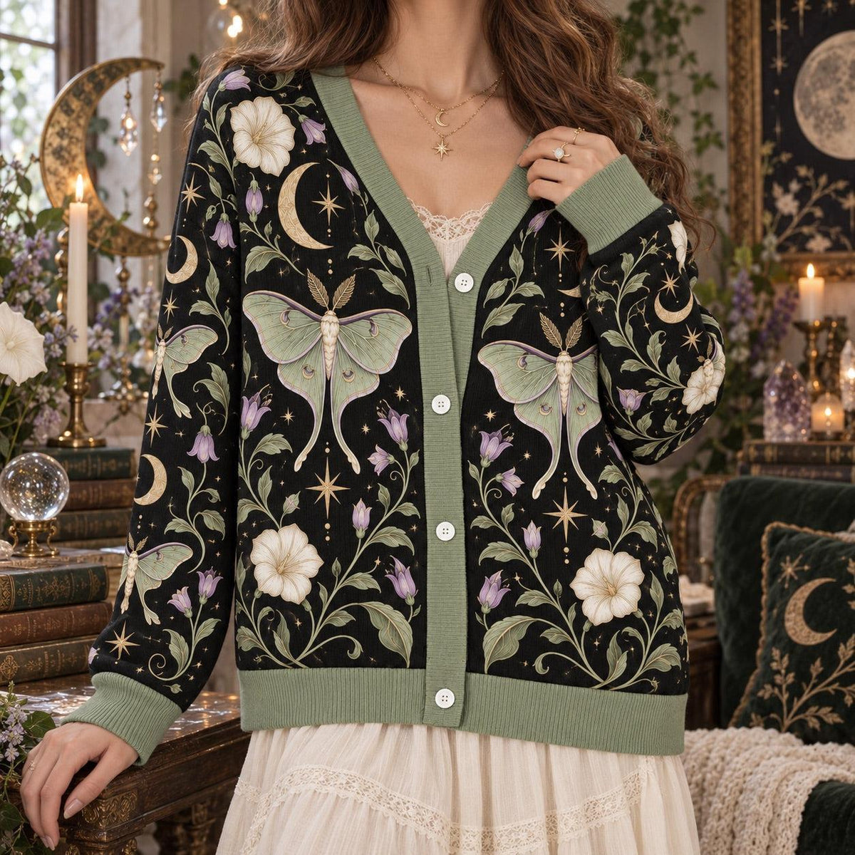 Full Moon Moonflower Luna Moth Cardigan for Women Sage Green Celestial, worn, front view