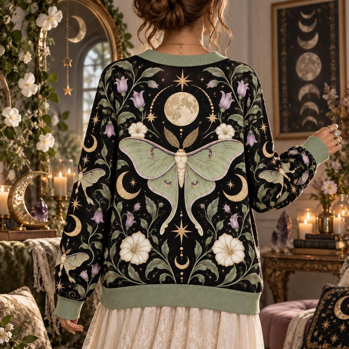 Full Moon Moonflower Luna Moth Cardigan for Women Sage Green Celestial, worn, back view