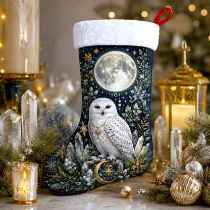 Full Moon Owl Christmas Stocking Wiccan Yule Fireplace Decor, styled shot 2