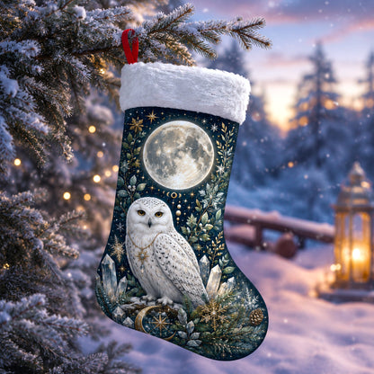 Full Moon Owl Christmas Stocking Wiccan Yule Fireplace Decor, styled shot 3