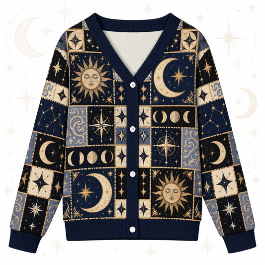 Full Moon Sun Face Celestial Patchwork Cardigan for Women Navy Gold, front view