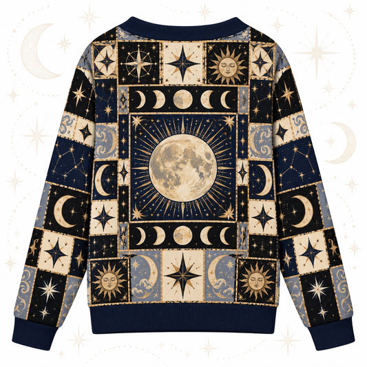 Full Moon Sun Face Celestial Patchwork Cardigan for Women Navy Gold, back view
