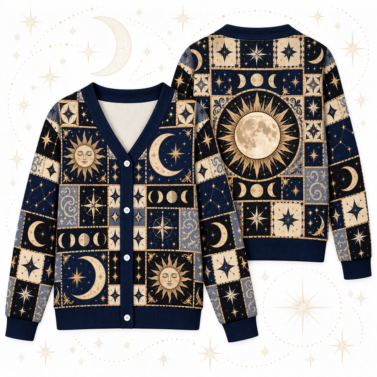 Full Moon Sun Face Celestial Patchwork Cardigan for Women Navy Gold, front and back shown together