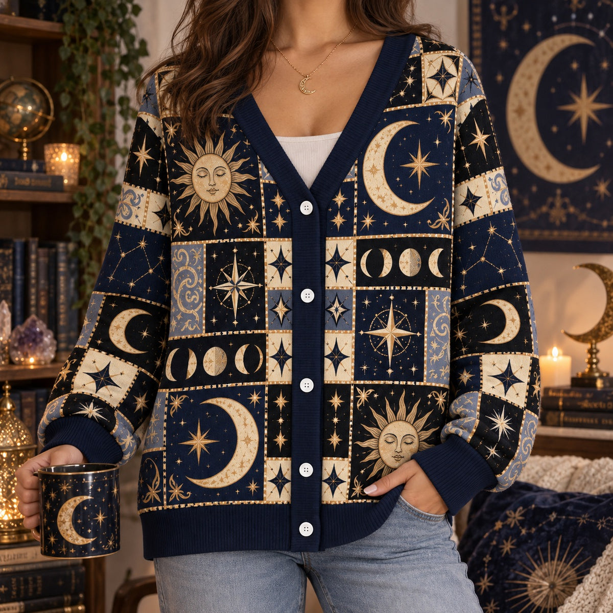 Full Moon Sun Face Celestial Patchwork Cardigan for Women Navy Gold, worn, front view