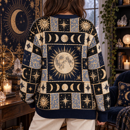 Full Moon Sun Face Celestial Patchwork Cardigan for Women Navy Gold, worn, back view