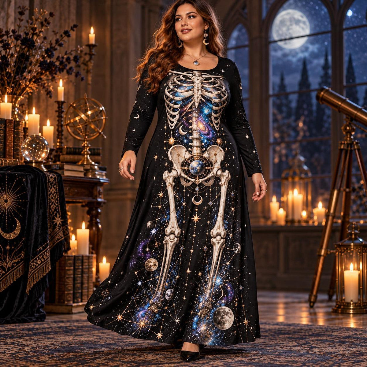 Galaxy Skeleton Plus Size Witch Dress – Celestial Long Sleeve Maxi – worn, three quarter view