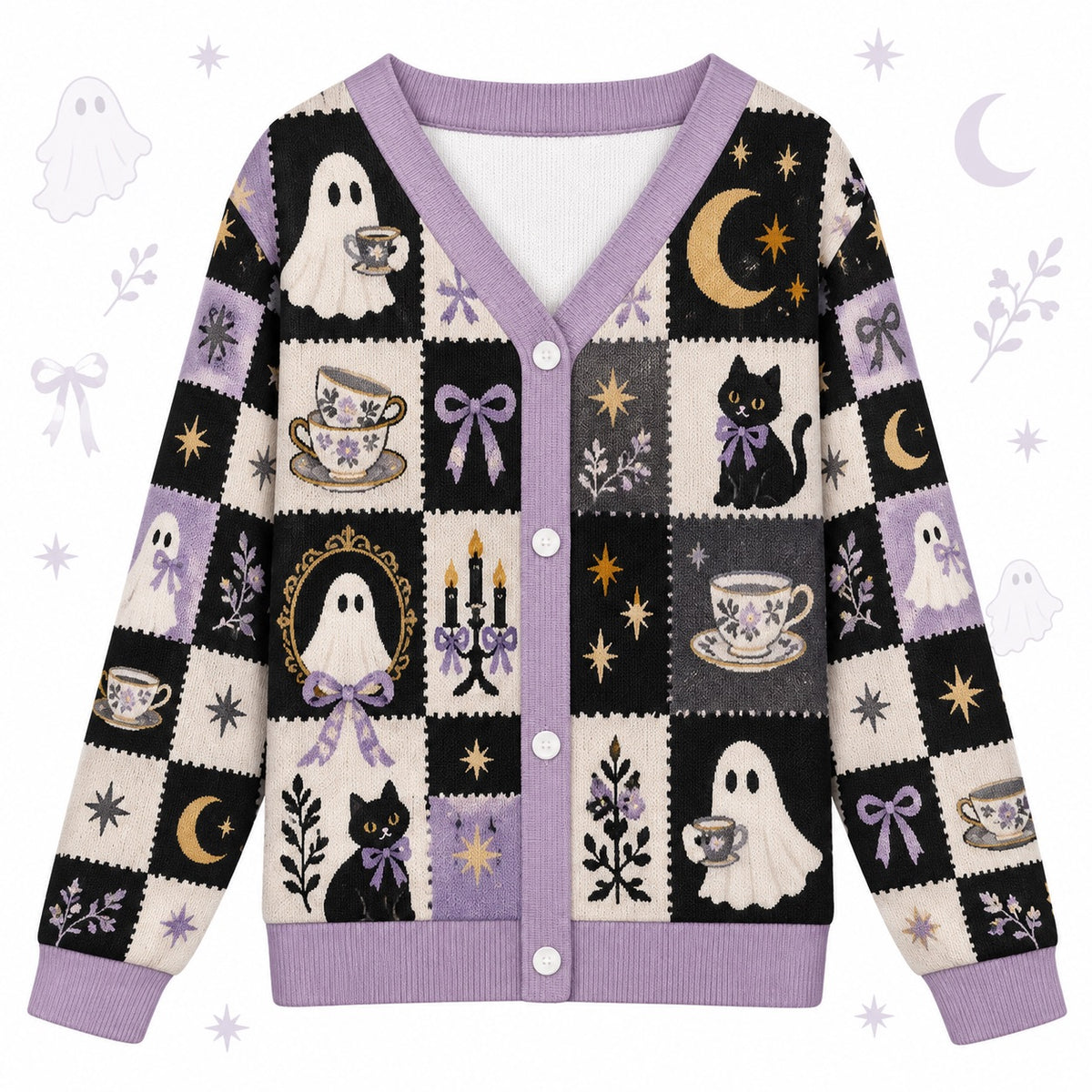 Ghost Tea Party Black Cat Halloween Cardigan for Women Lilac Patchwork, front view