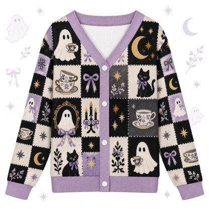 Ghost Tea Party Black Cat Halloween Cardigan for Women Lilac Patchwork, front view