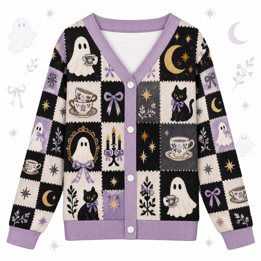 Ghost Tea Party Black Cat Halloween Cardigan for Women Lilac Patchwork, front view