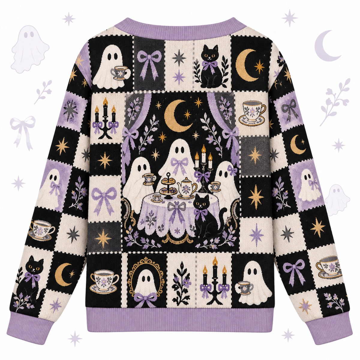 Ghost Tea Party Black Cat Halloween Cardigan for Women Lilac Patchwork, back view