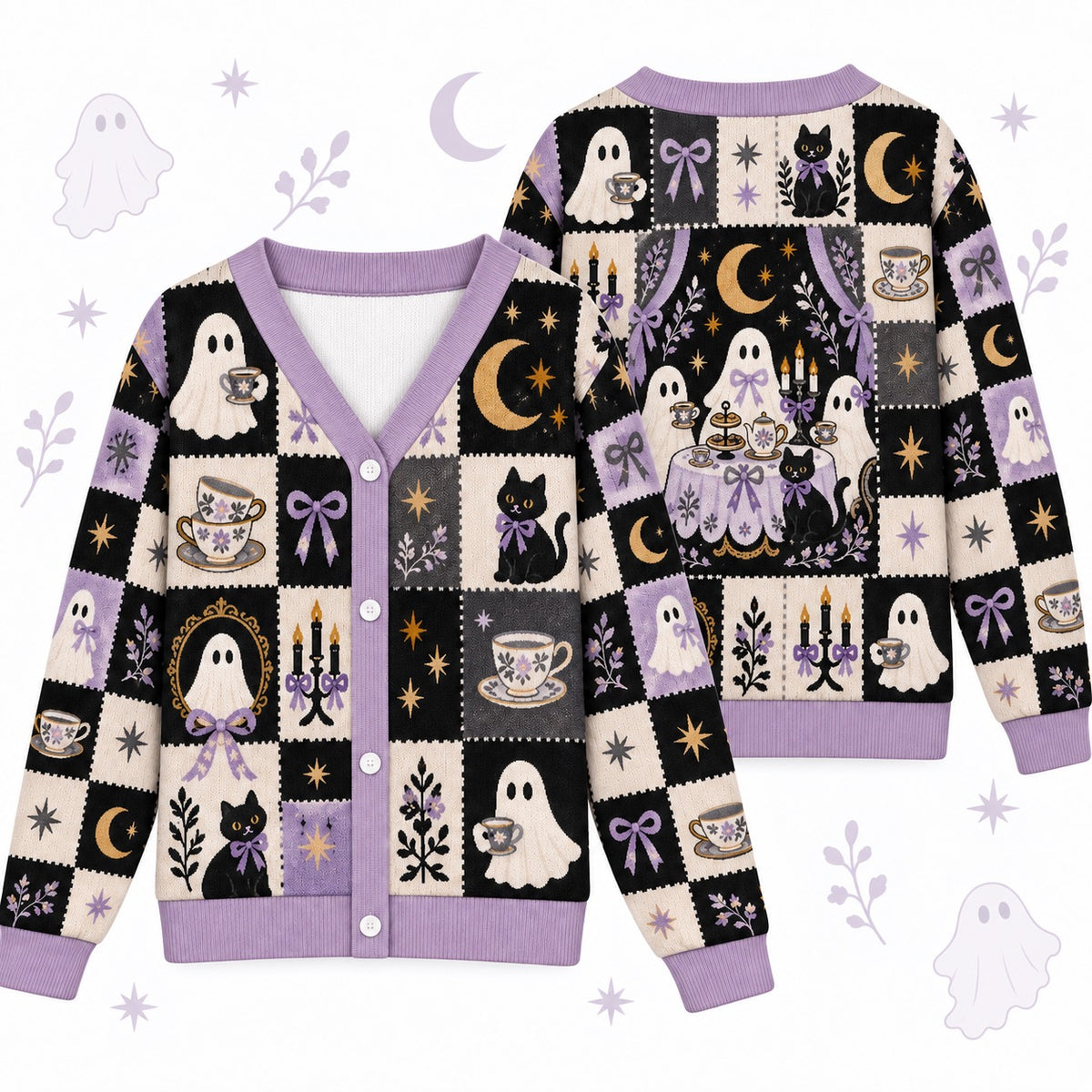 Ghost Tea Party Black Cat Halloween Cardigan for Women Lilac Patchwork, front and back shown together