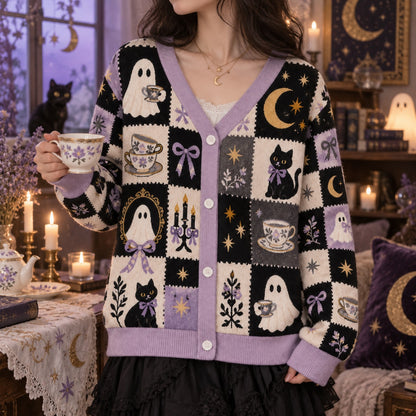 Ghost Tea Party Black Cat Halloween Cardigan for Women Lilac Patchwork, worn, front view