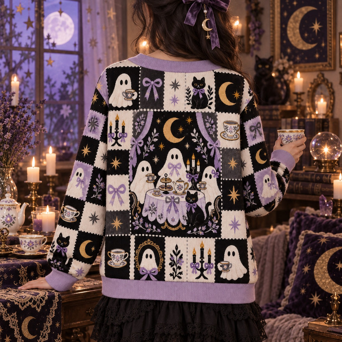 Ghost Tea Party Black Cat Halloween Cardigan for Women Lilac Patchwork, worn, back view