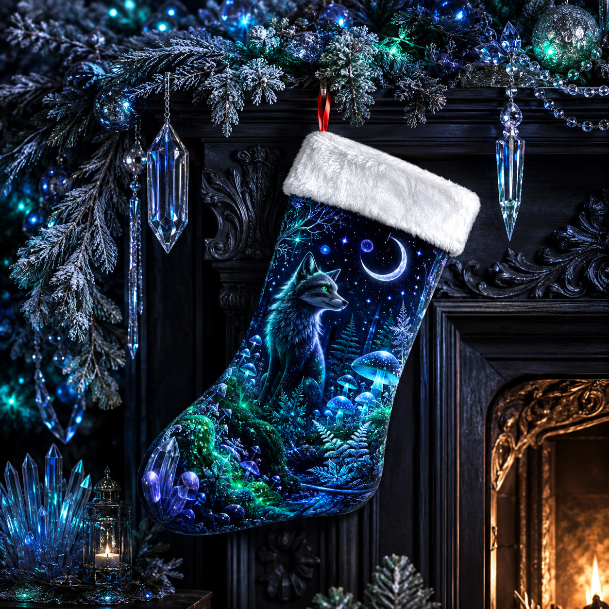 Glowing Forest Fox Christmas Stocking Mystical Woodland Decor, styled shot 2
