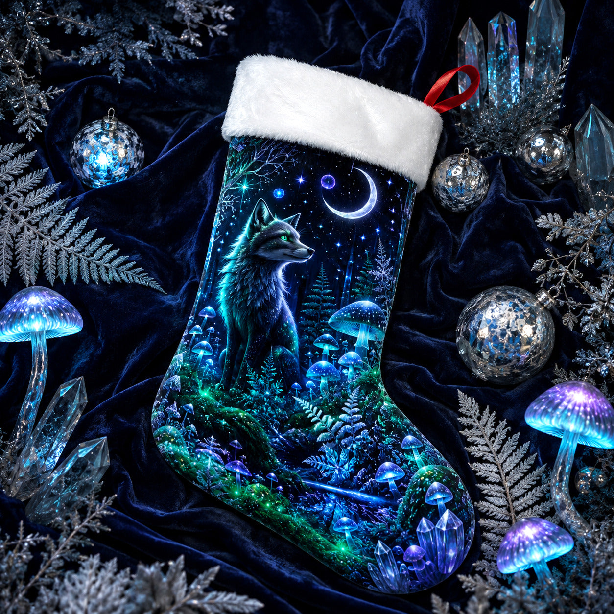Glowing Forest Fox Christmas Stocking Mystical Woodland Decor, styled shot 3