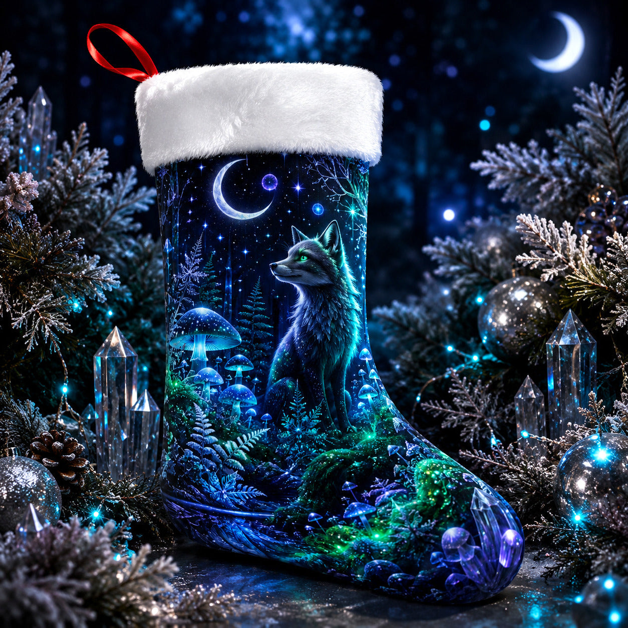 Glowing Forest Fox Christmas Stocking Mystical Woodland Decor, styled shot 4