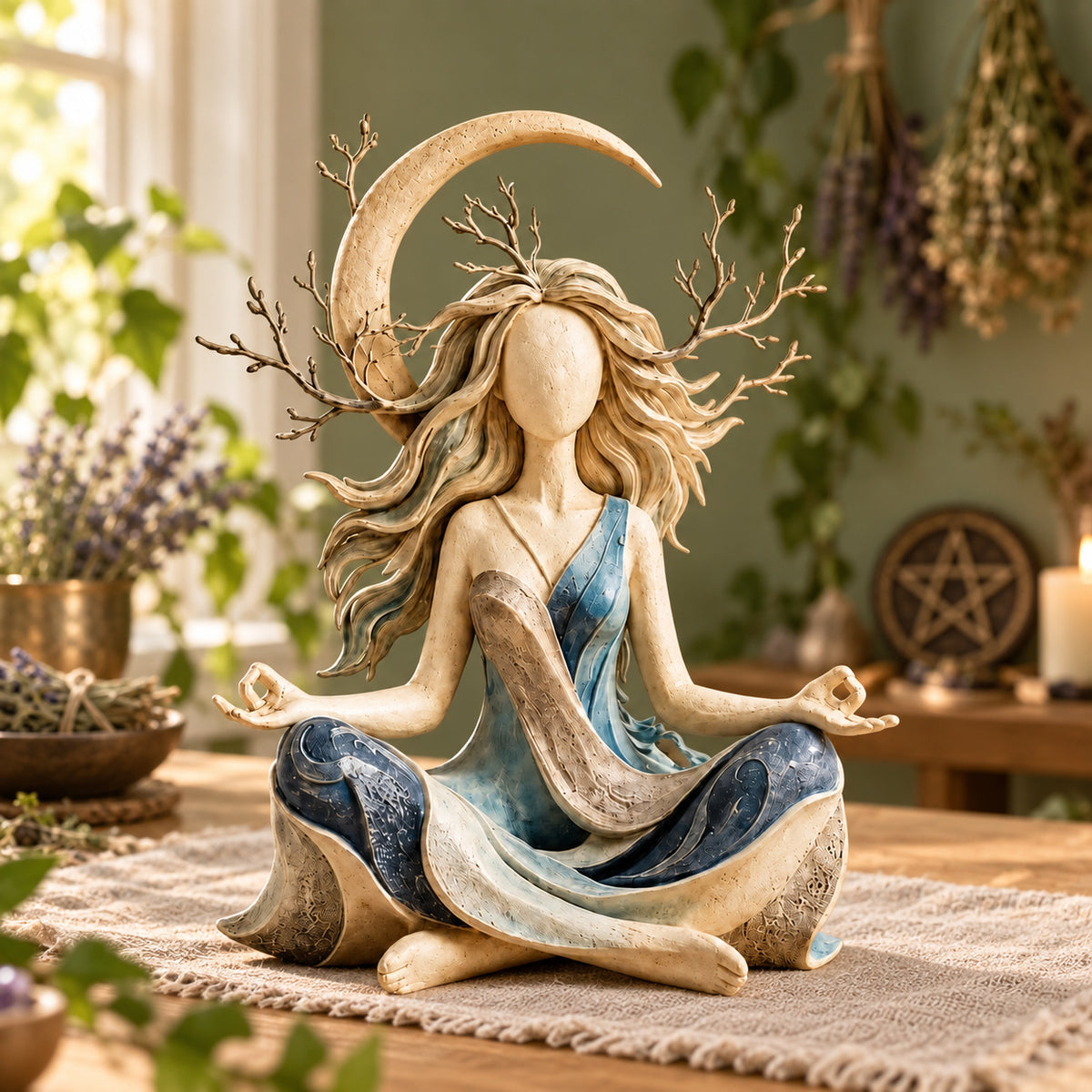 Moon goddess resin statue in a pagan Wiccan room