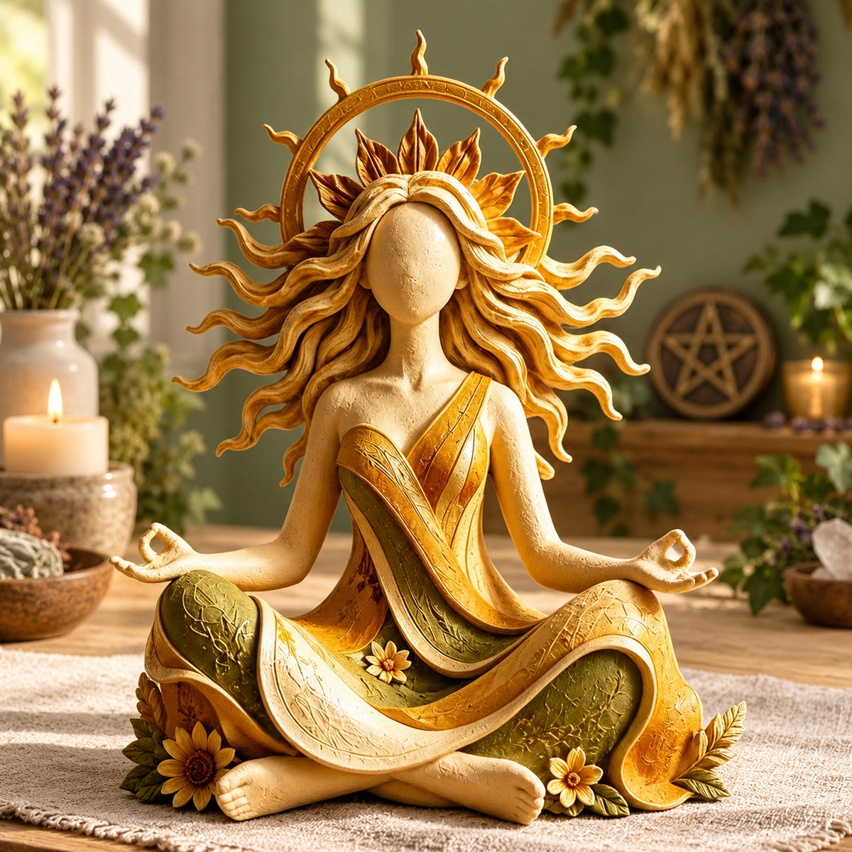 Sun goddess resin statue in a pagan Wiccan room