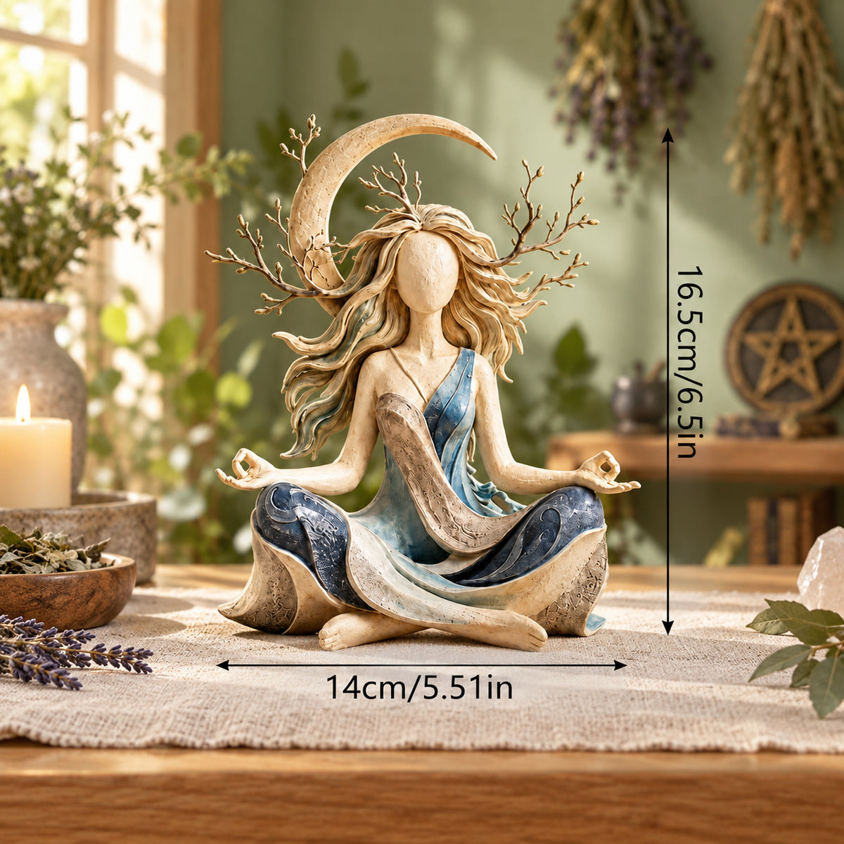 Moon goddess resin statue in a pagan Wiccan room