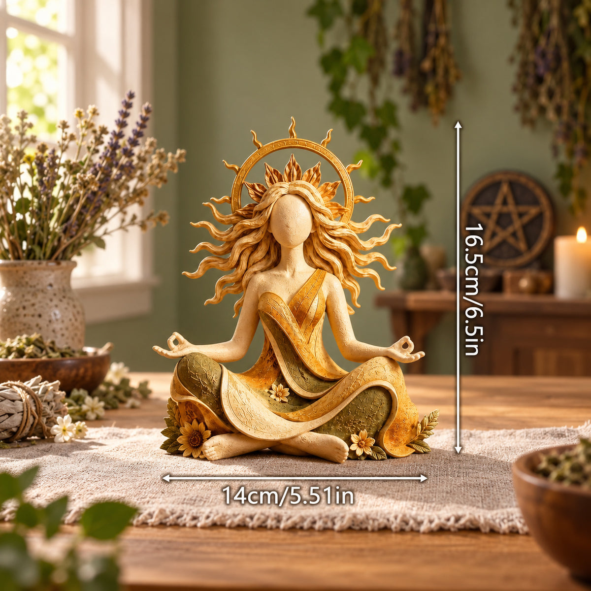 Sun goddess resin statue in a pagan Wiccan room