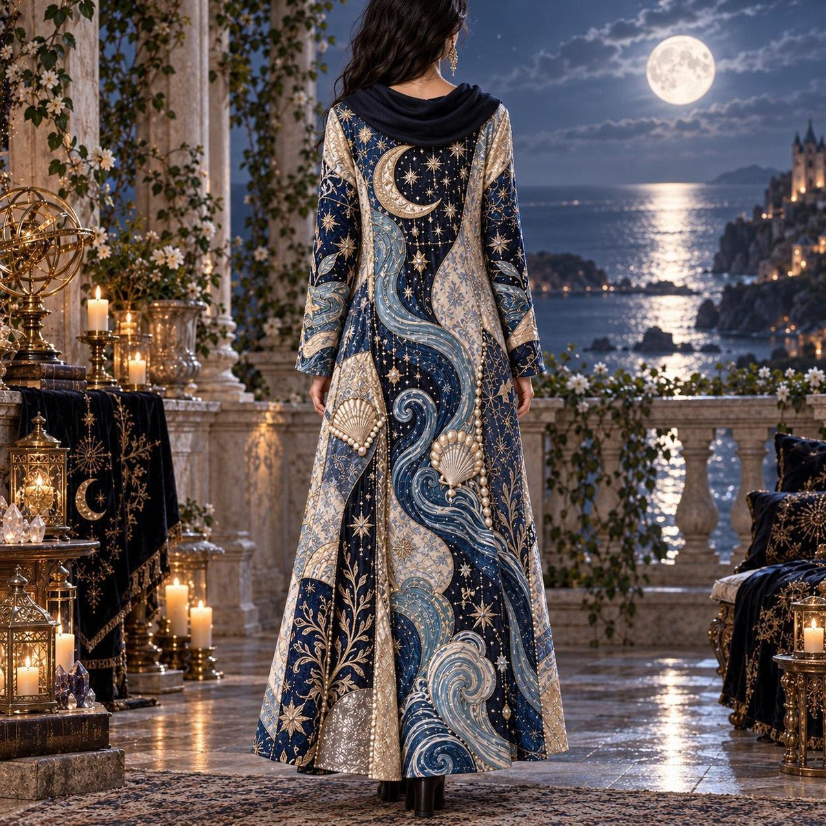 Goddess of the Tides Celestial Cowl Neck Dress – Moon Wave Maxi – worn, back view