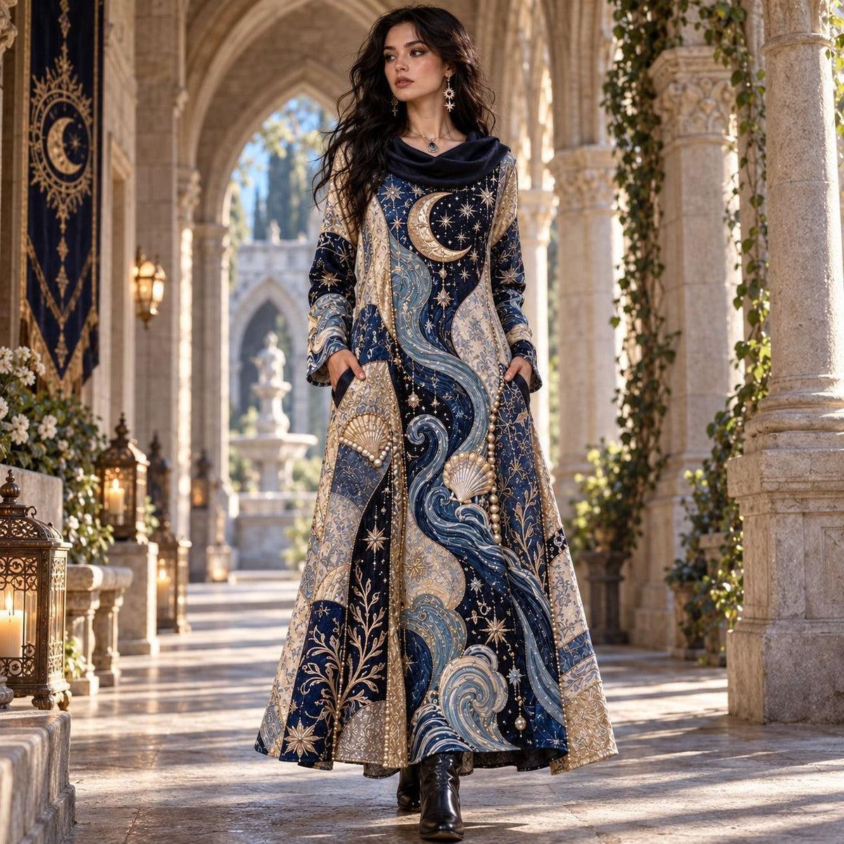 Goddess of the Tides Celestial Cowl Neck Dress – Moon Wave Maxi – worn, in motion
