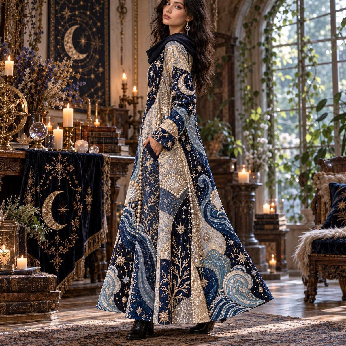Goddess of the Tides Celestial Cowl Neck Dress – Moon Wave Maxi – worn, three quarter view