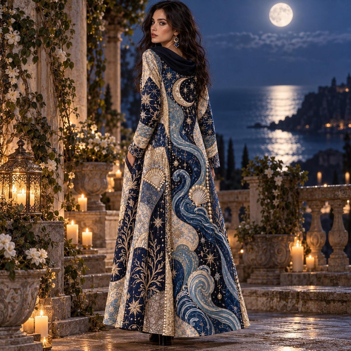 Goddess of the Tides Celestial Cowl Neck Dress – Moon Wave Maxi – close up of the printed artwork