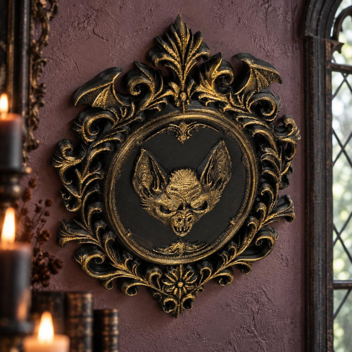 Front view of ornate bat medallion: Gothic Bat Relief Wall Plaque, featuring a central bat relief, an oval medallion and elaborate Victorian scrollwork.