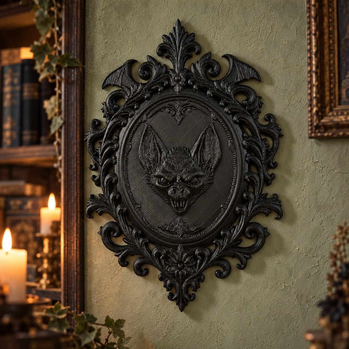 Dark plaque measurement diagram: Gothic Bat Relief Wall Plaque, featuring a central bat relief, an oval medallion and elaborate Victorian scrollwork.