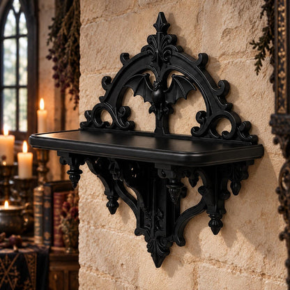Angled view of arch and ledge: Gothic Bat Wall Shelf, featuring pointed Gothic arches, ornamental scrolls and bat-inspired details.