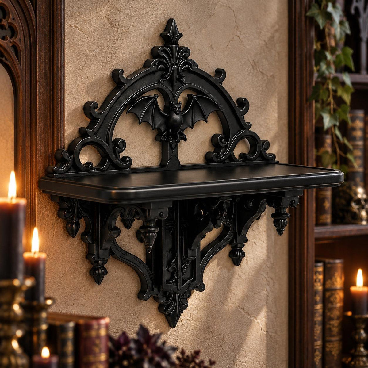 Alternate angle of ornate shelf: Gothic Bat Wall Shelf, featuring pointed Gothic arches, ornamental scrolls and bat-inspired details.